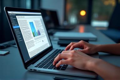 Person typing on a laptop with news headlines on screen